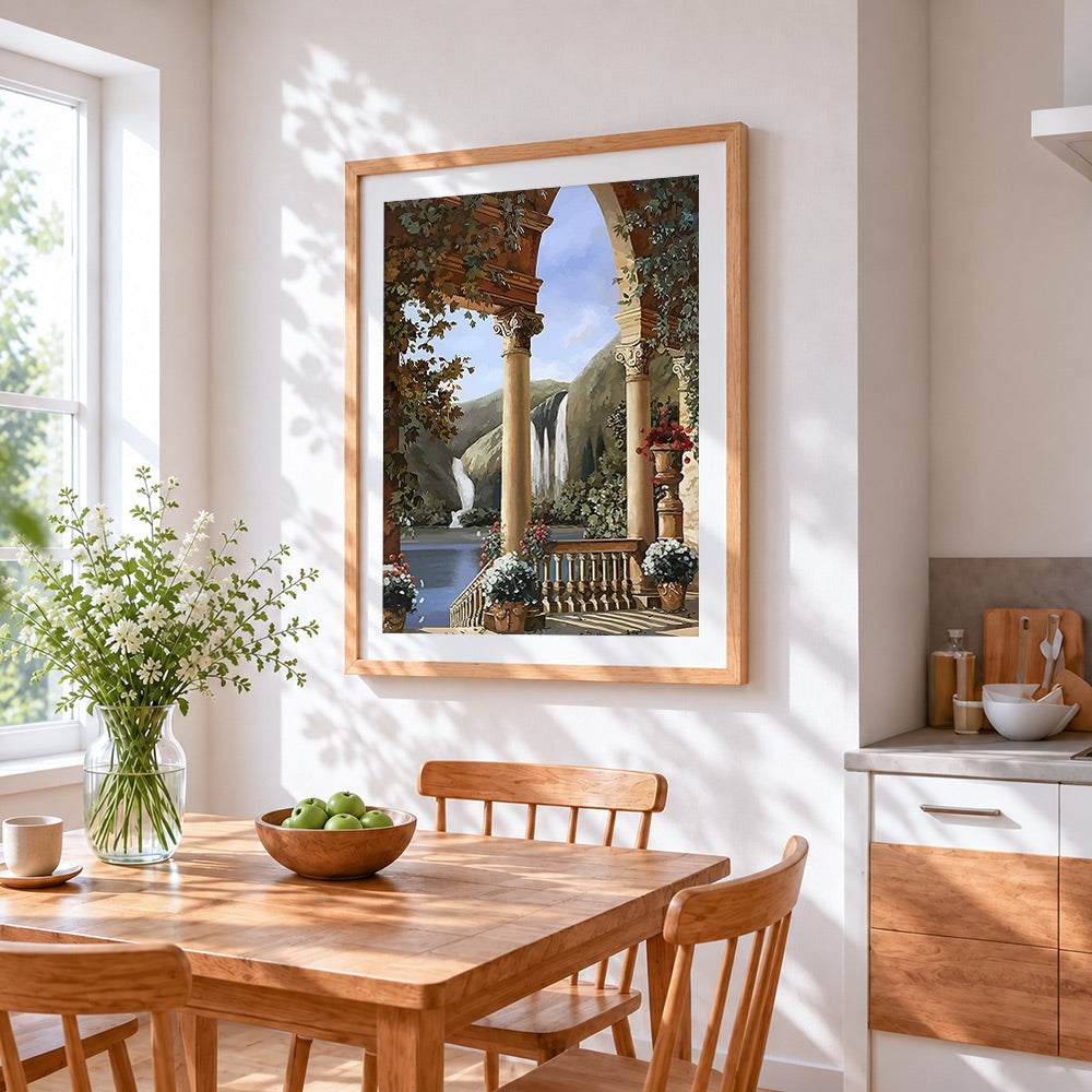 Classical archway with waterfall view paint by numbers artwork displayed on wall as home decor