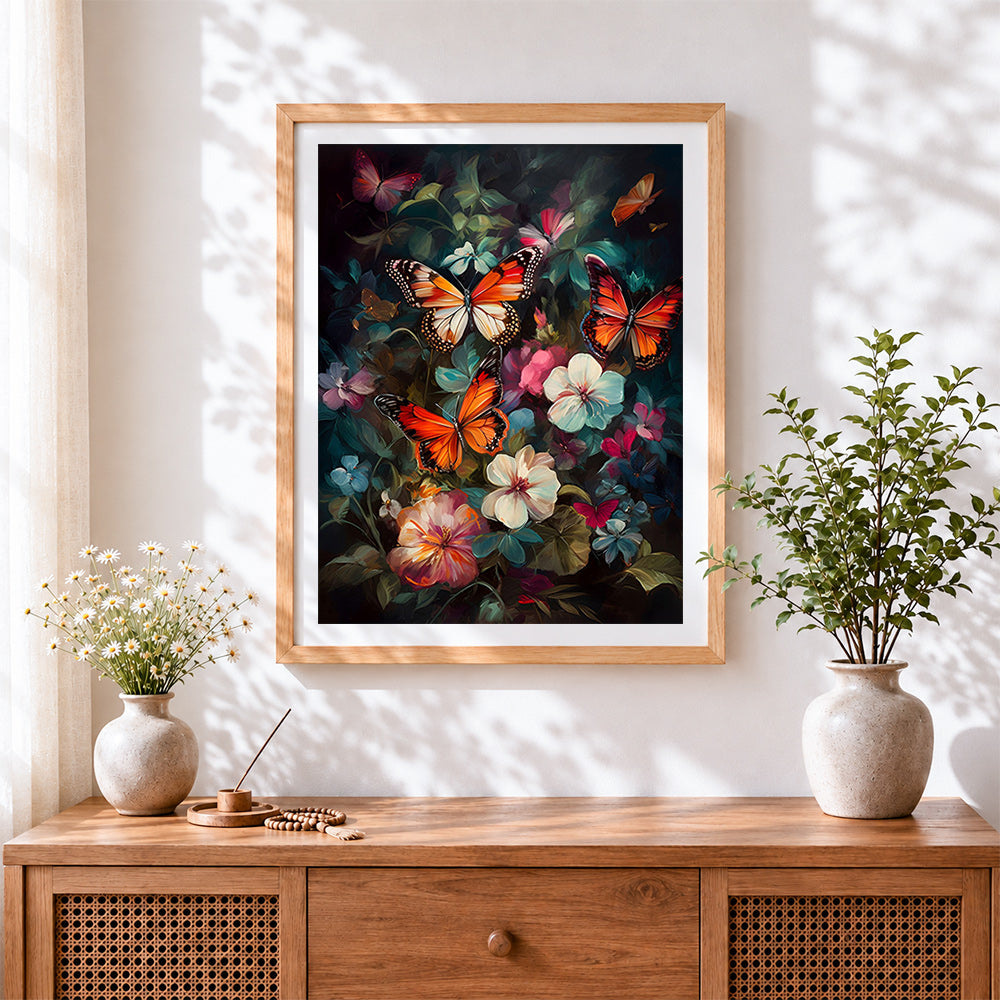 Finished classical dark floral and butterflies cross stitch artwork displayed