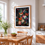 Classical dark floral and butterflies cross stitch artwork displayed on wall as home decor
