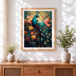 Finished classical floral peacock cross stitch artwork displayed