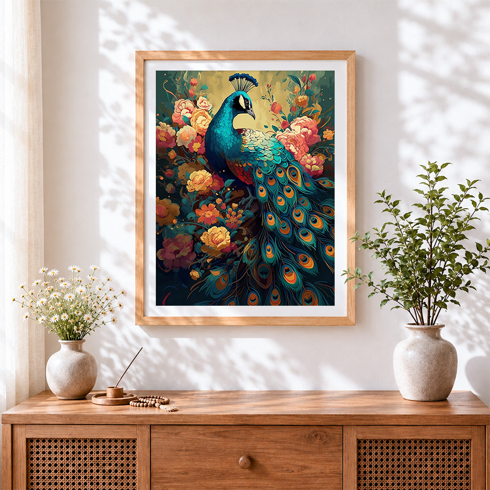 Finished classical floral peacock cross stitch artwork displayed