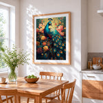 Classical floral peacock paint by numbers artwork displayed on wall as home decor