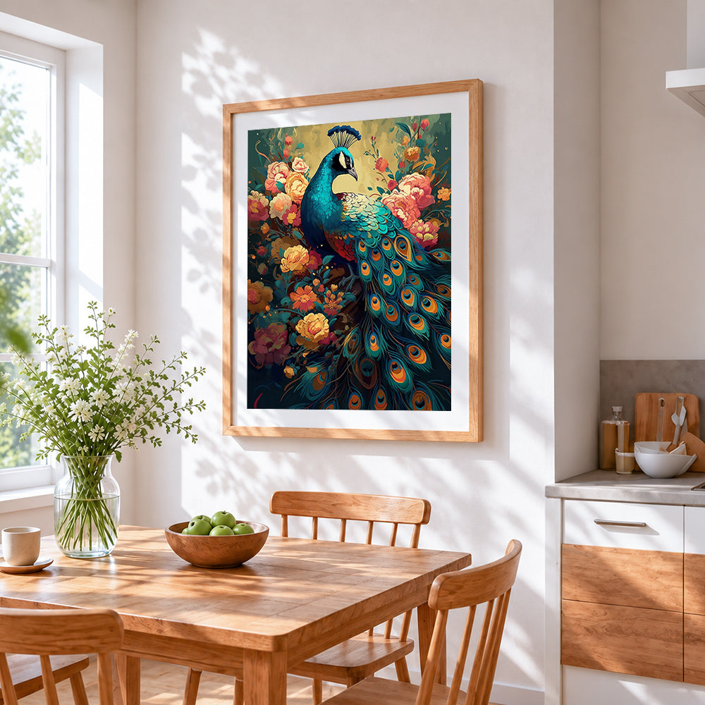 Classical floral peacock paint by numbers artwork displayed on wall as home decor