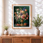 Finished classical floral still life with fruit and gold urn cross stitch artwork displayed
