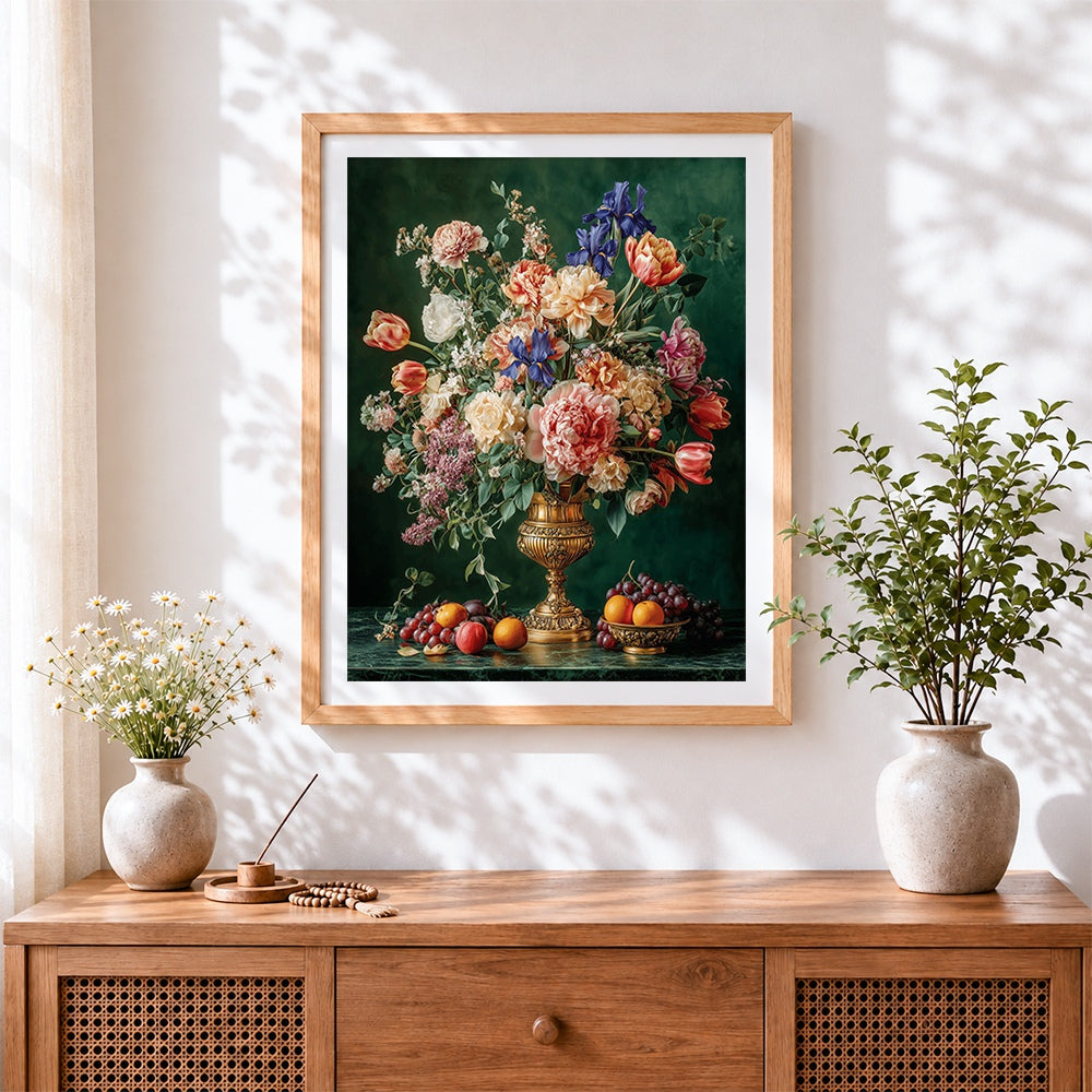 Finished classical floral still life with fruit and gold urn cross stitch artwork displayed