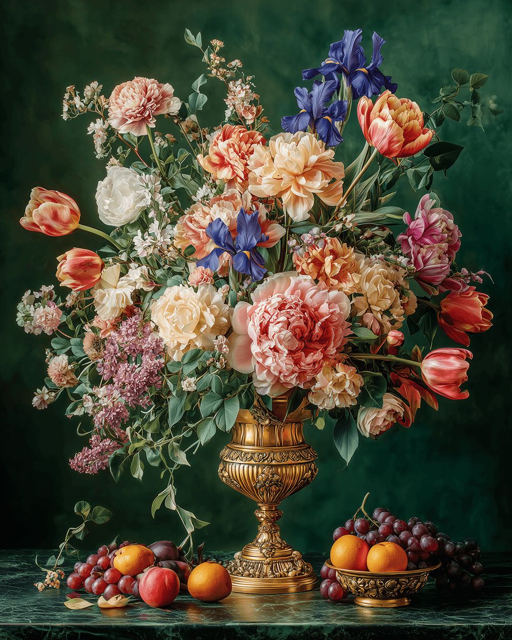 Classical floral still life with fruit and gold urn cross stitch kit for beginners