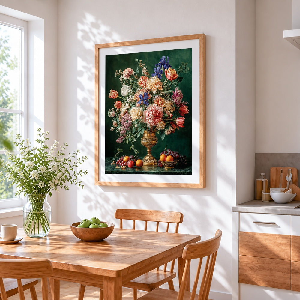 Classical floral still life with fruit and gold urn cross stitch artwork displayed on wall as home decor