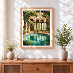 Finished classical orangery and pool cross stitch artwork displayed