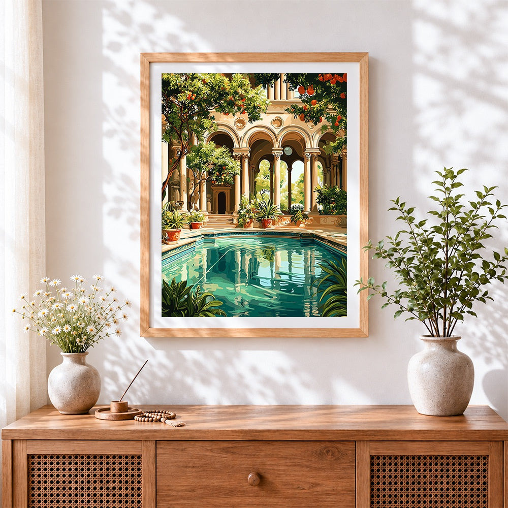 Finished classical orangery and pool cross stitch artwork displayed