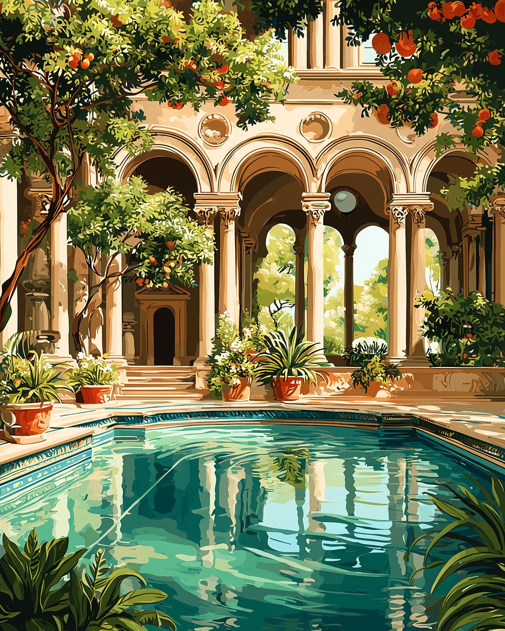 Classical orangery and pool cross stitch kit for beginners