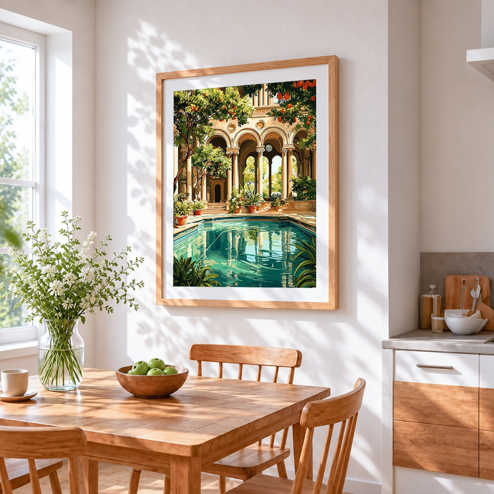 Classical orangery and pool cross stitch artwork displayed on wall as home decor