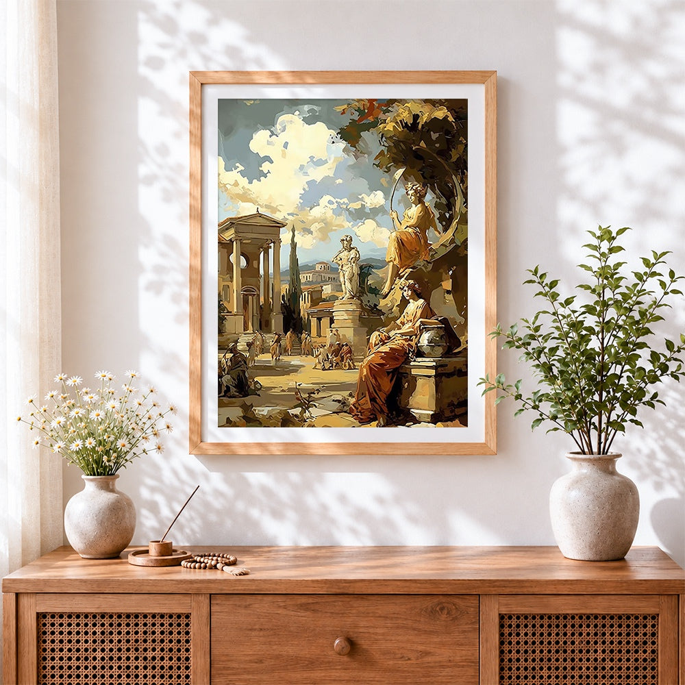 Finished classical roman forum scene cross stitch artwork displayed