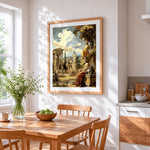 Classical roman forum scene cross stitch artwork displayed on wall as home decor