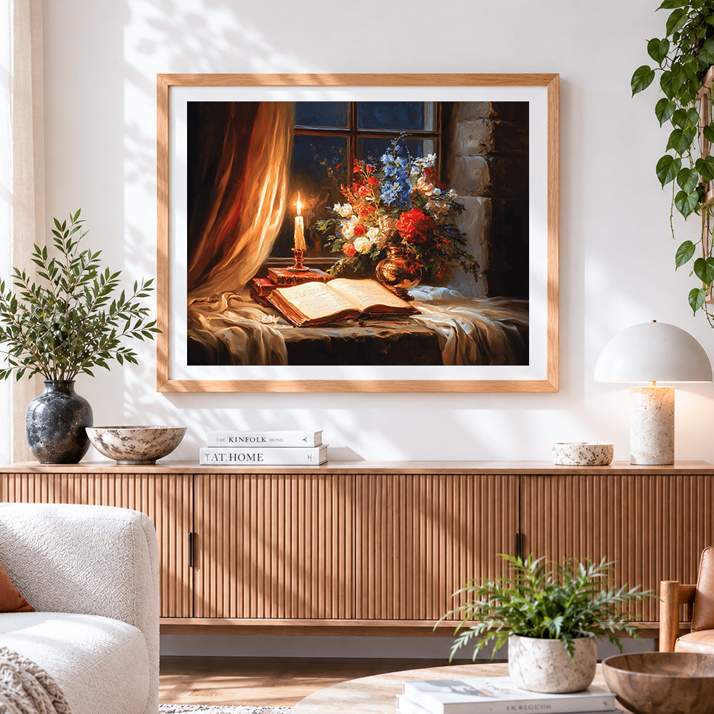 Finished classical still life with candle and books paint by numbers artwork displayed as home decor