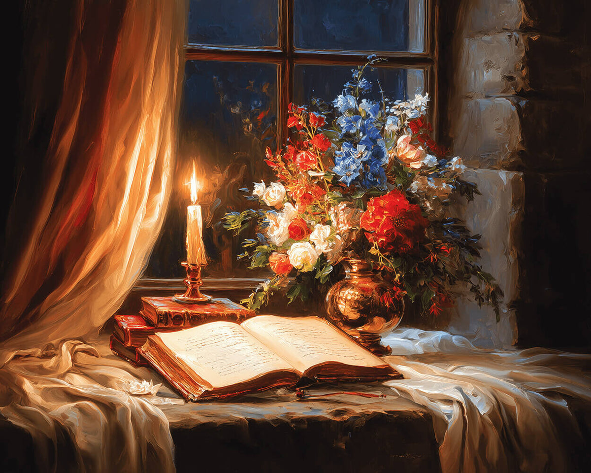 Classical still life with candle and books paint by numbers kit for beginners