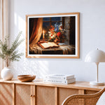 Classical still life with candle and books paint by numbers artwork displayed on wall as home decor