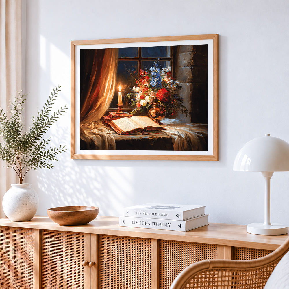 Classical still life with candle and books paint by numbers artwork displayed on wall as home decor