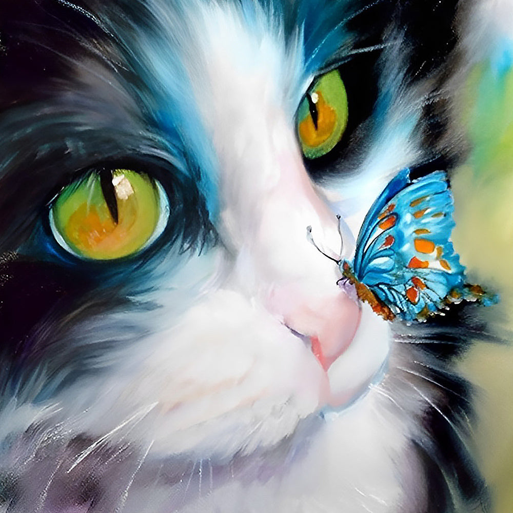 Close-up cat with a blue butterfly paint by numbers kit for beginners