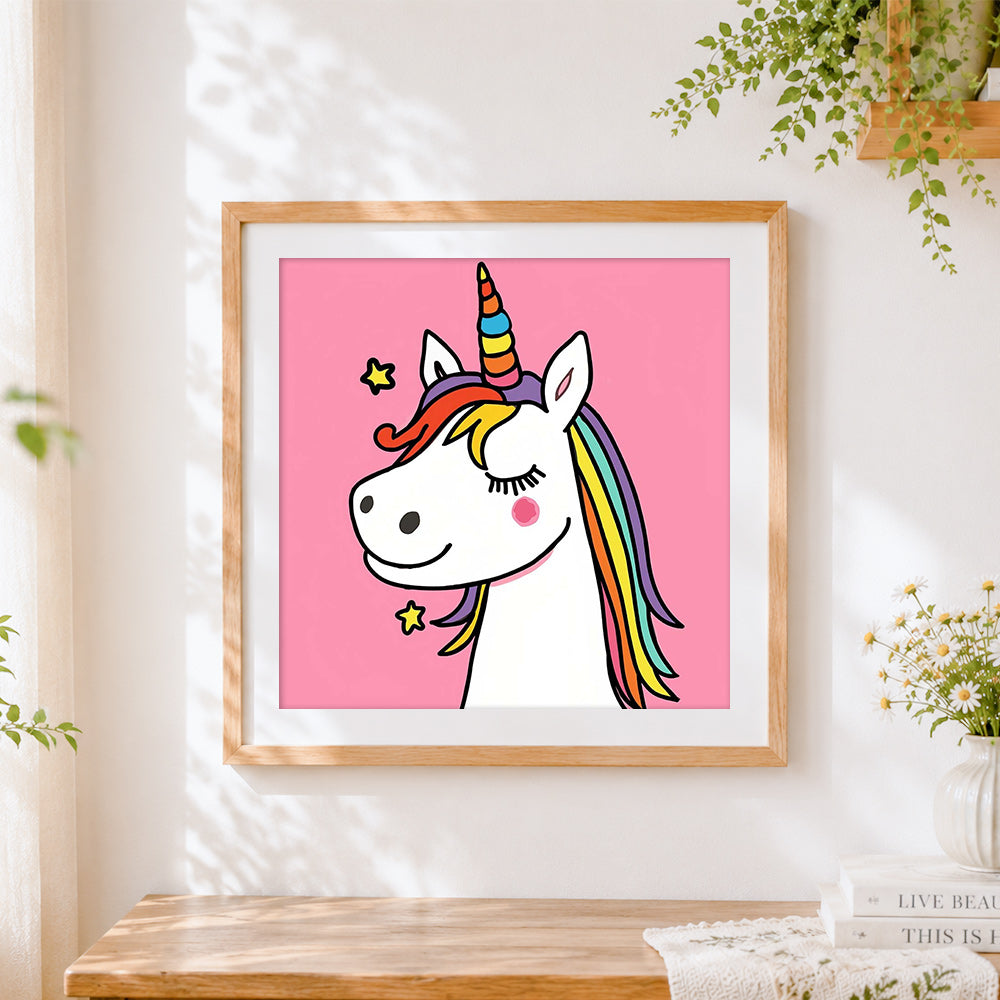 Finished closed-eyes smiling unicorn cross stitch artwork displayed