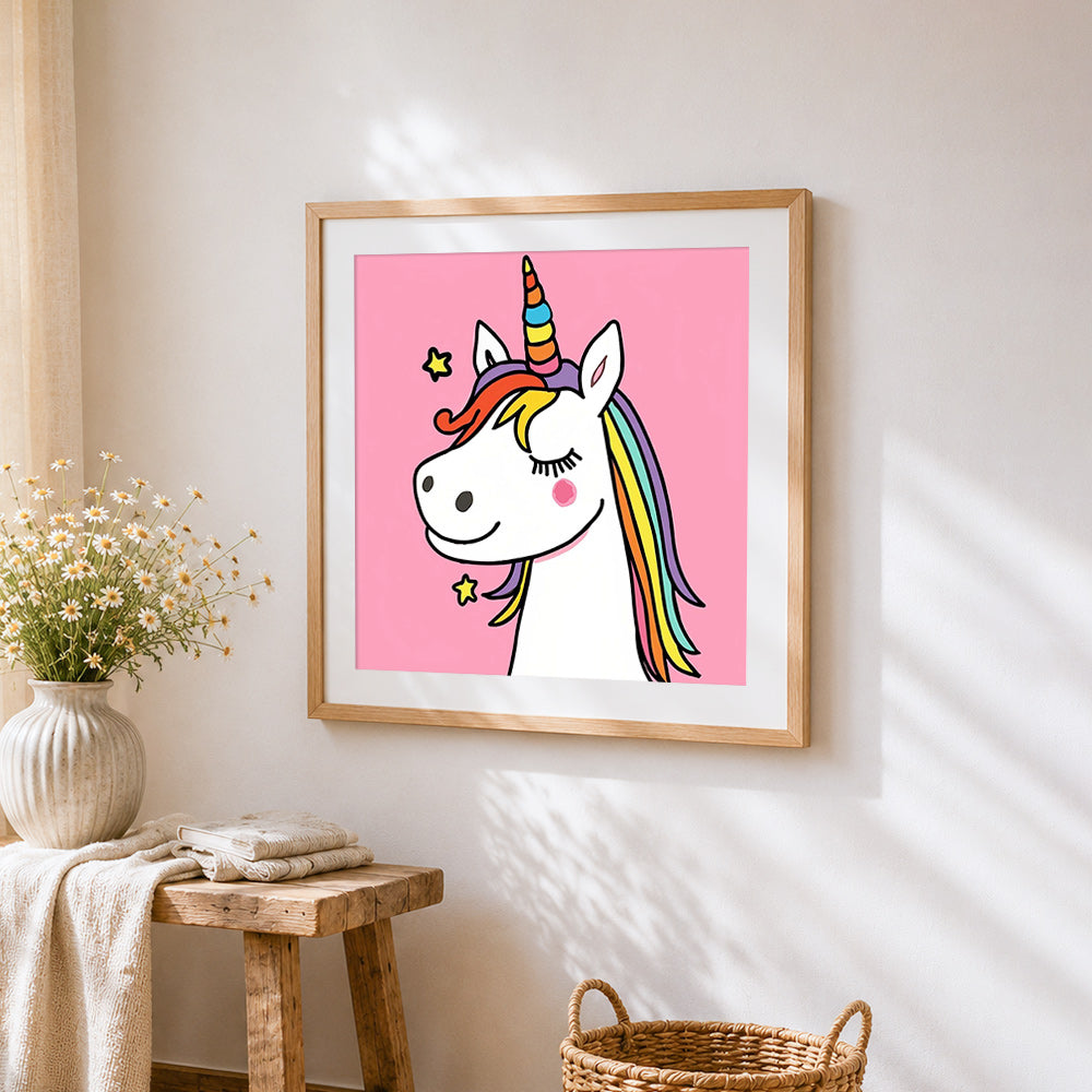 Closed-eyes smiling unicorn cross stitch artwork displayed on wall as home decor