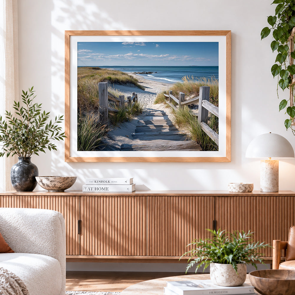 Finished coastal boardwalk to beach cross stitch artwork displayed
