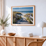 Coastal boardwalk to beach cross stitch artwork displayed on wall as home decor
