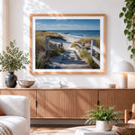 Finished coastal boardwalk to beach paint by numbers artwork displayed as home decor