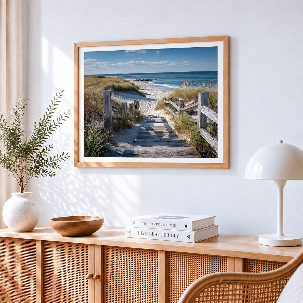 Coastal boardwalk to beach paint by numbers artwork displayed on wall as home decor