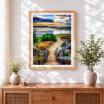 Finished coastal boardwalk to the beach cross stitch artwork displayed