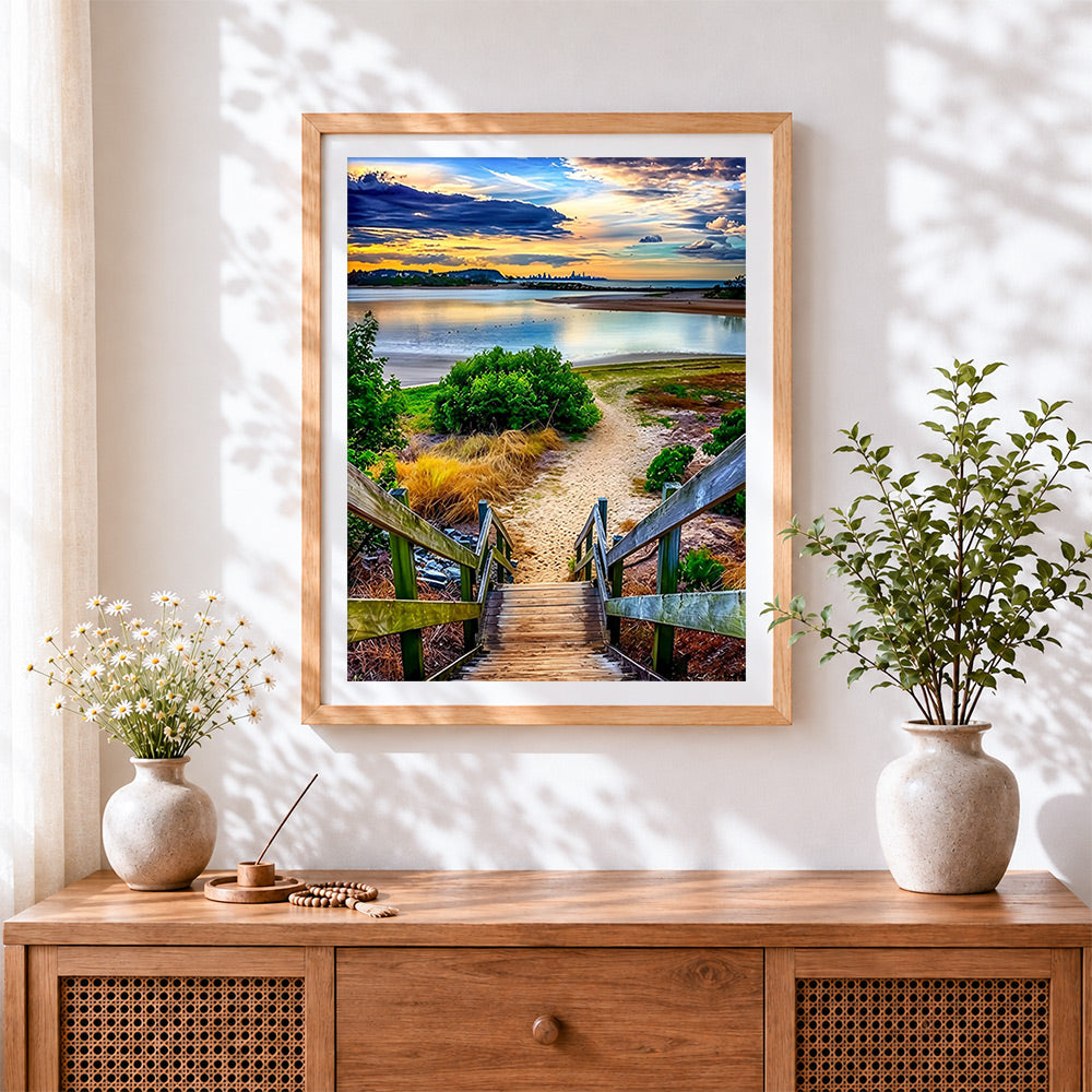 Finished coastal boardwalk to the beach cross stitch artwork displayed