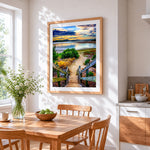 Coastal boardwalk to the beach cross stitch artwork displayed on wall as home decor