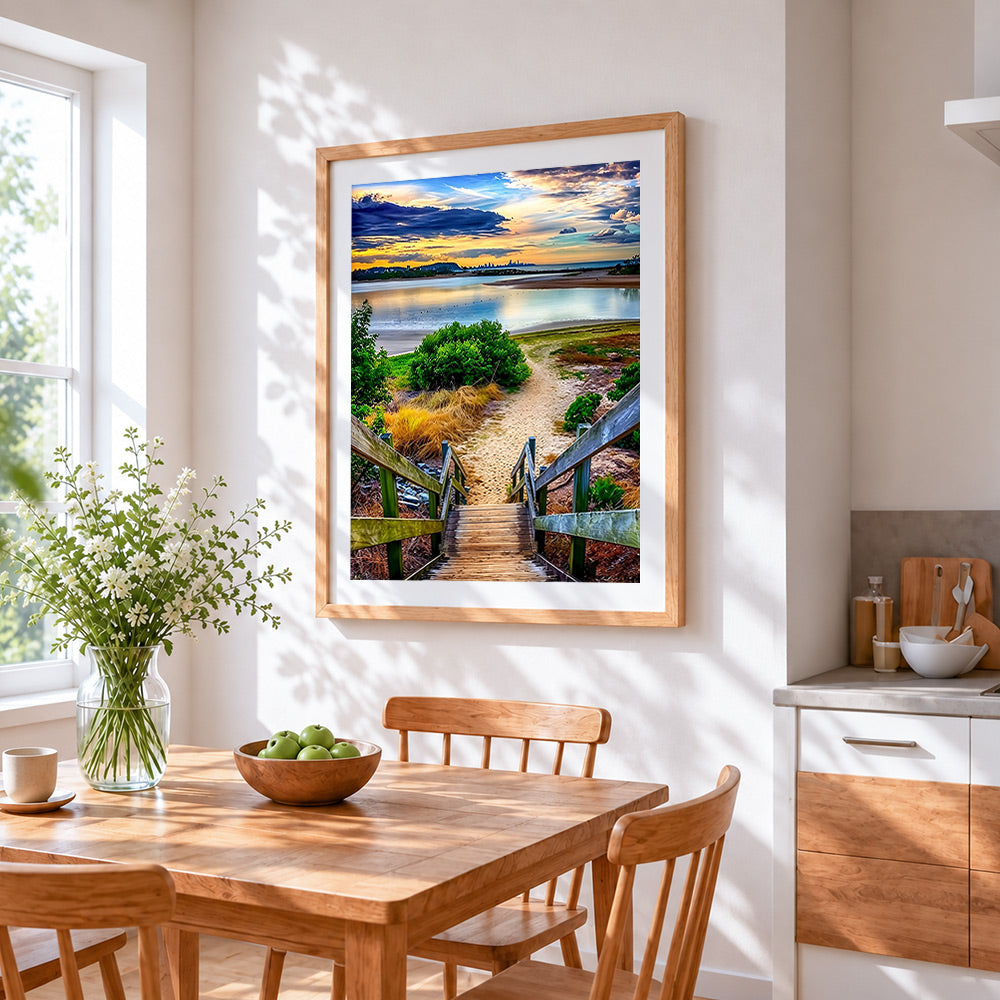 Coastal boardwalk to the beach cross stitch artwork displayed on wall as home decor