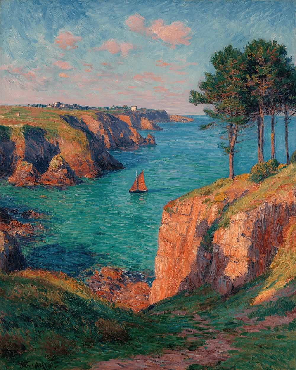 Coastal cliffs and sailboat cross stitch kit for beginners