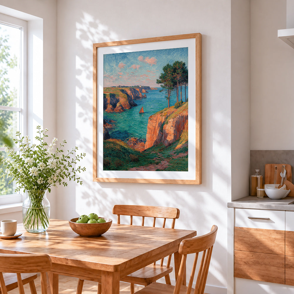 Coastal cliffs and sailboat cross stitch artwork displayed on wall as home decor