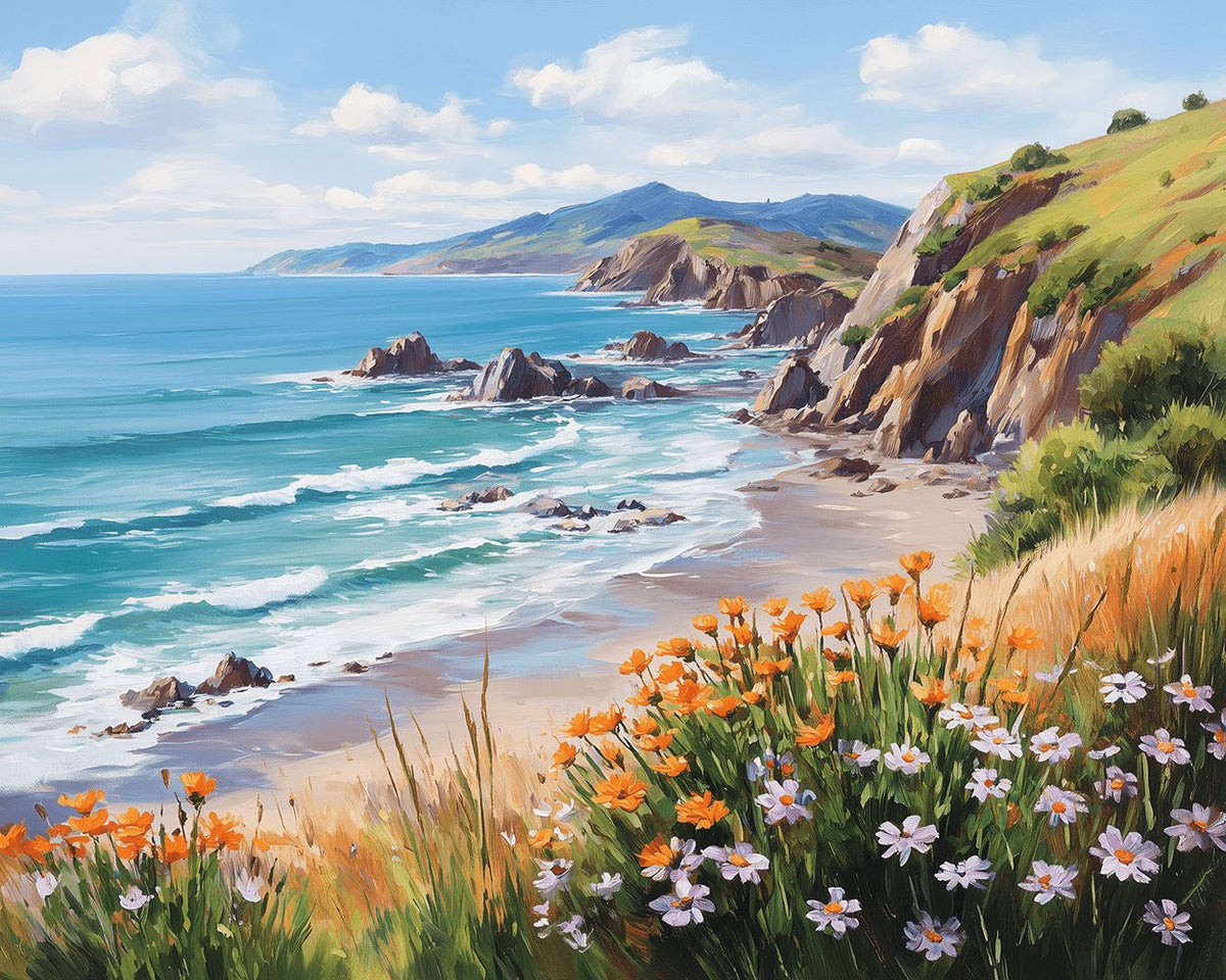 Coastal cliffs and wildflowers cross stitch kit for beginners