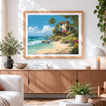 Finished coastal cottage cross stitch artwork displayed