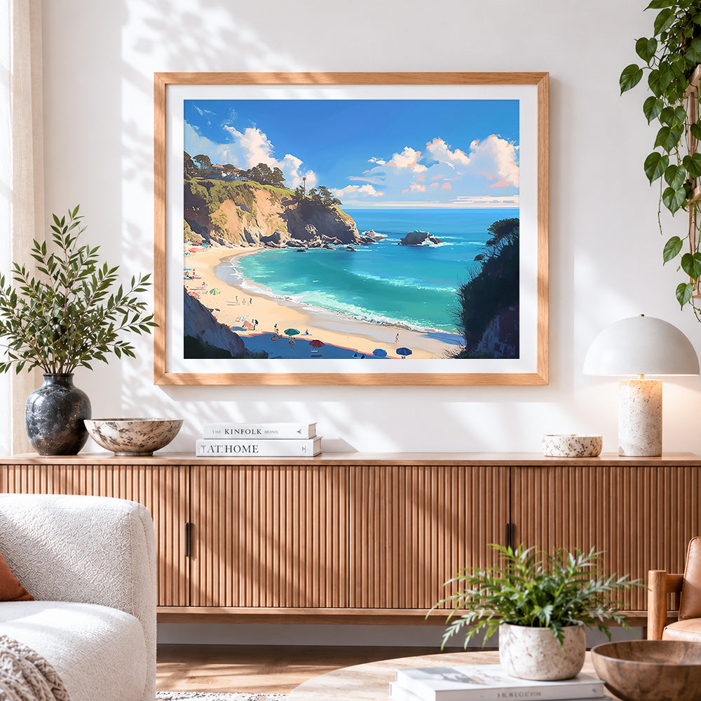 Finished coastal cove and cliffs cross stitch artwork displayed