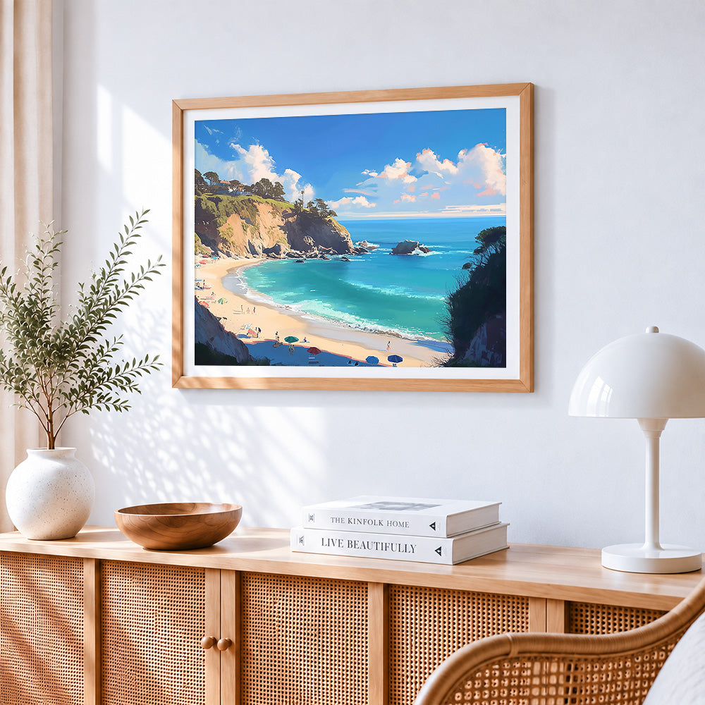 Coastal cove and cliffs paint by numbers artwork displayed on wall as home decor