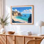 Coastal cove and cliffs paint by numbers artwork displayed on wall as home decor