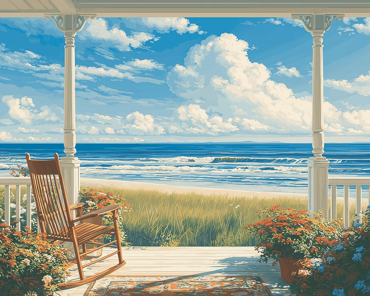 Coastal porch with rocking chair cross stitch kit for beginners