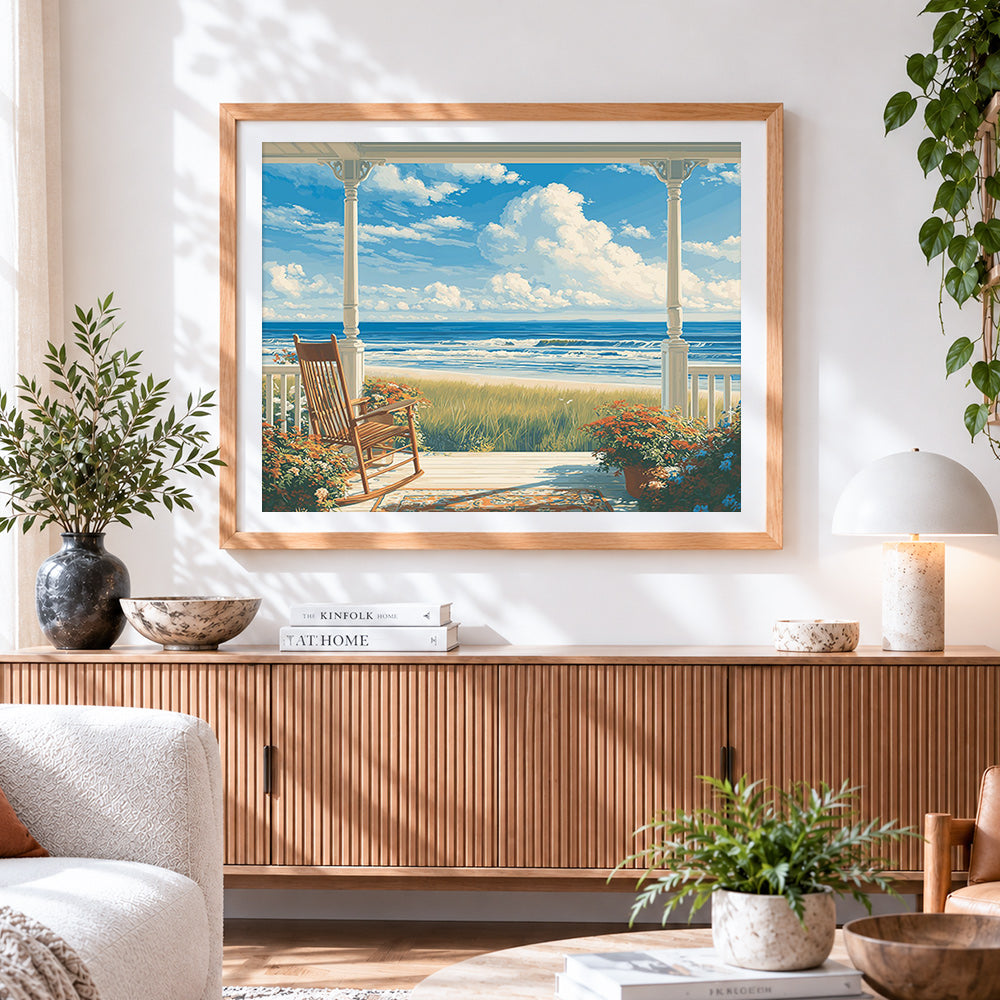 Finished coastal porch with rocking chair paint by numbers artwork displayed as home decor