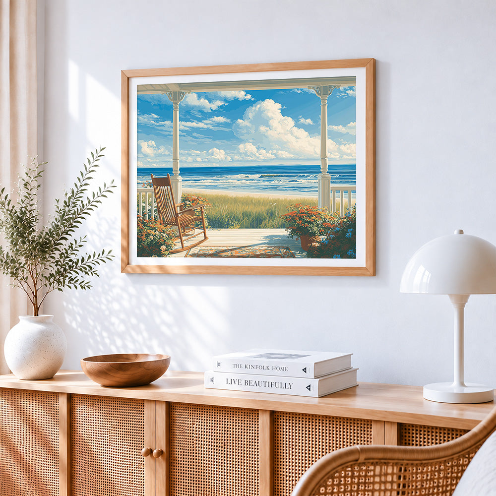 Coastal porch with rocking chair paint by numbers artwork displayed on wall as home decor