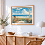 Coastal porch with rocking chair paint by numbers artwork displayed on wall as home decor