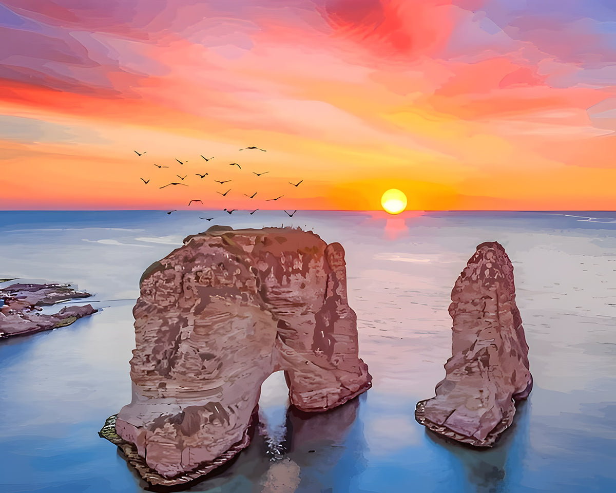 Coastal rock arch at sunset cross stitch kit for beginners