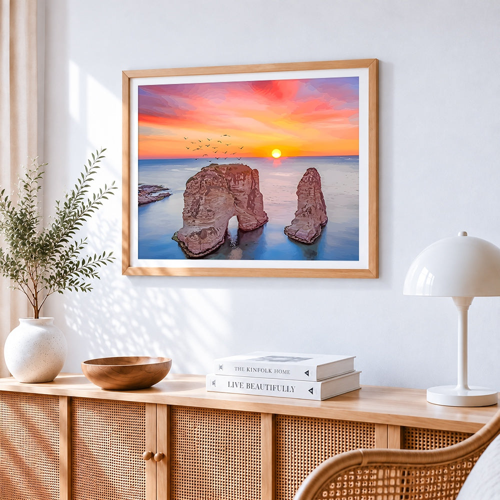 Coastal rock arch at sunset cross stitch artwork displayed on wall as home decor