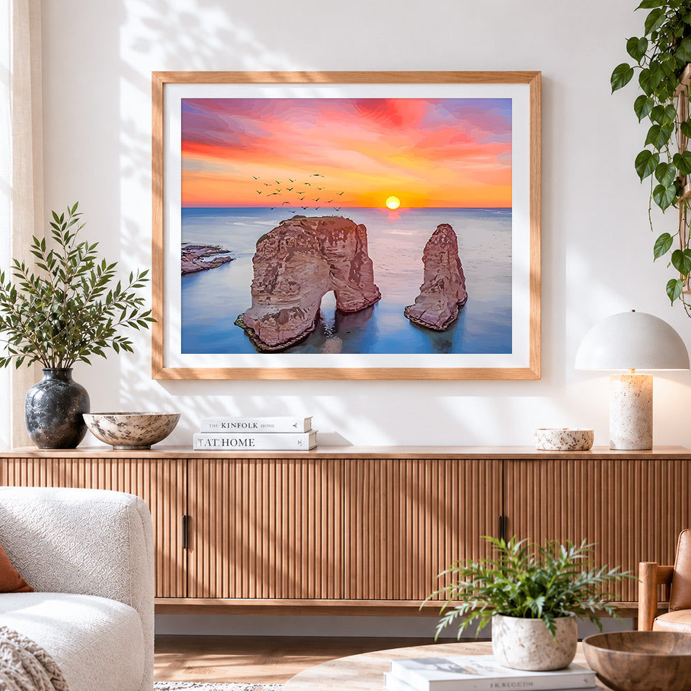 Finished coastal rock arch at sunset paint by numbers artwork displayed as home decor