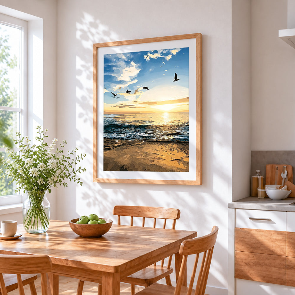 Coastal seascape at sunset cross stitch artwork displayed on wall as home decor