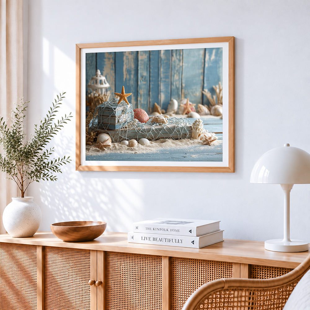 Coastal starfish and seashells paint by numbers artwork displayed on wall as home decor