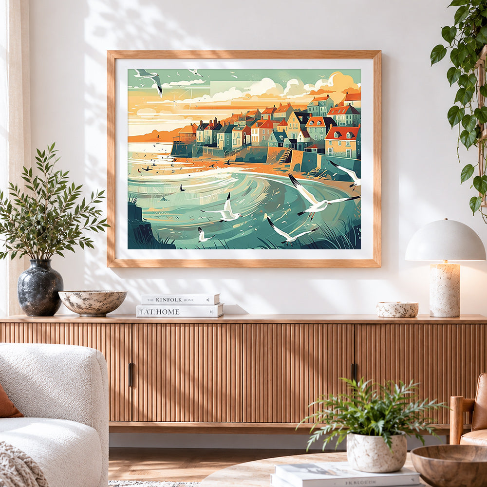 Finished coastal town and flying seagulls cross stitch artwork displayed