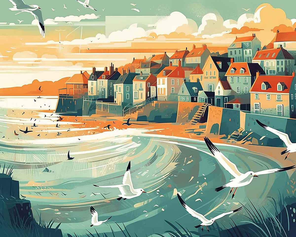 Coastal town and flying seagulls paint by numbers kit for beginners